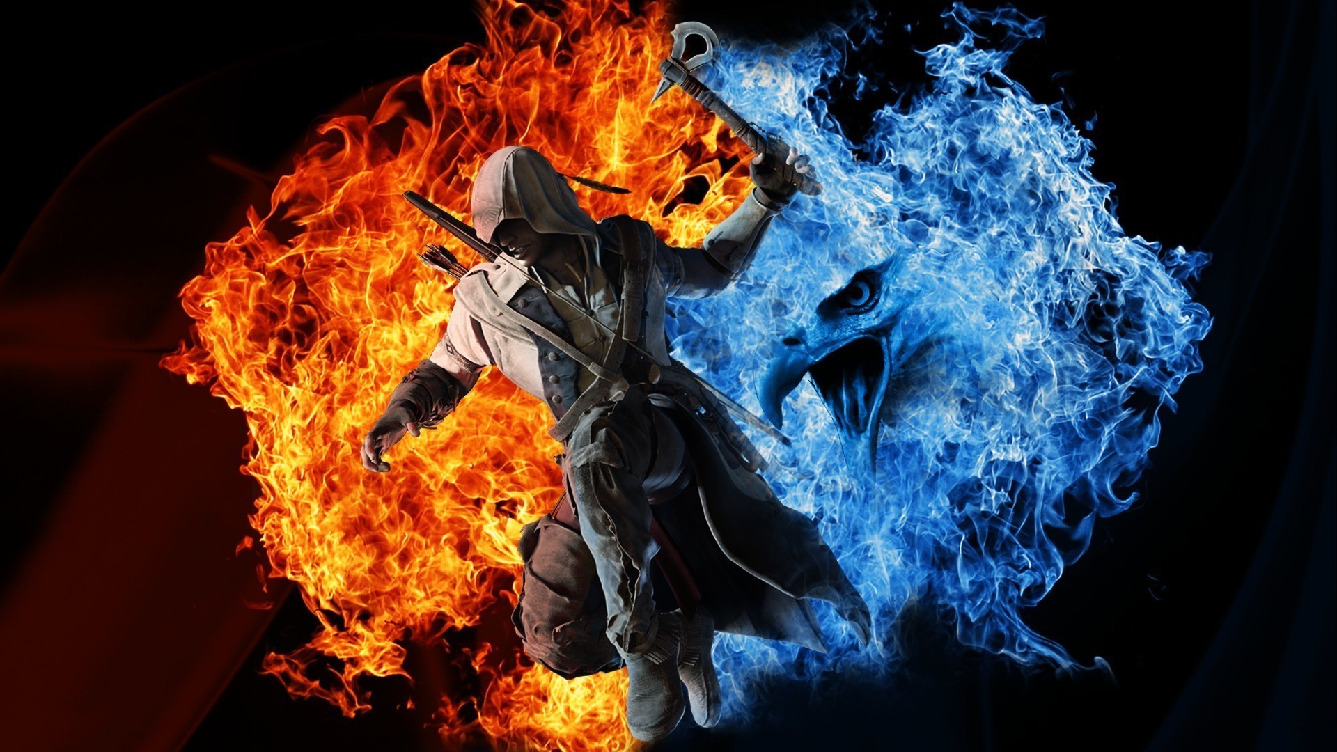 A warrior against the background of fire and water wallpaper