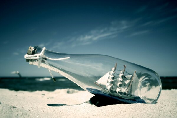 A boat in a bottle from the sea on the sand