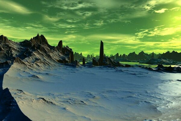 Green sunset in the icy mountains