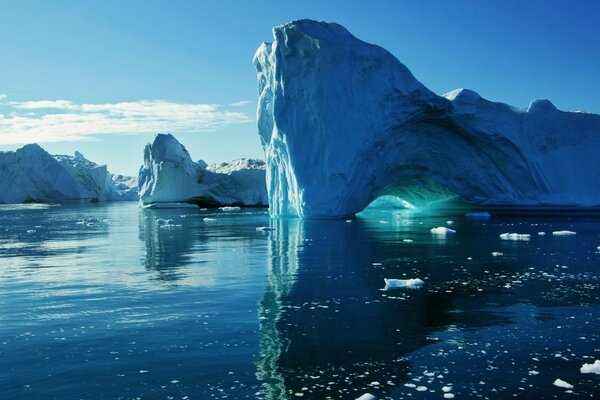 Fragments of huge icebergs in the water