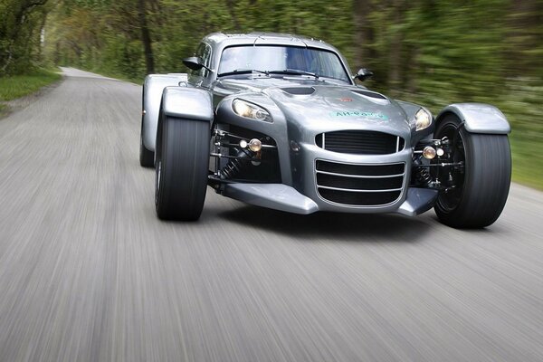 A sports car cuts through a forest road