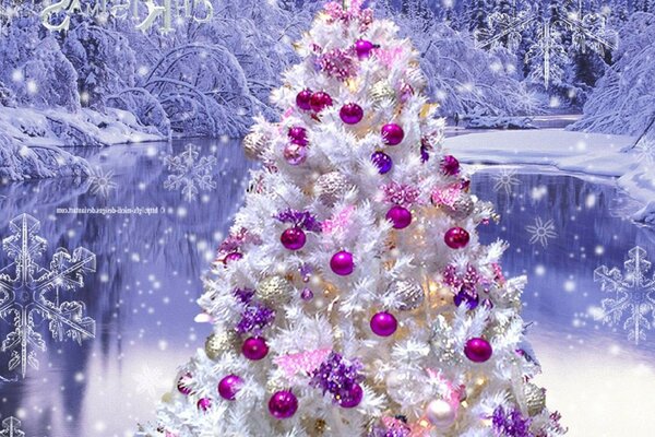 Artificial white Christmas tree with pink balloons