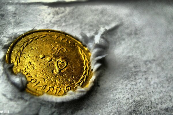 Ancient coin close-up on a gray background