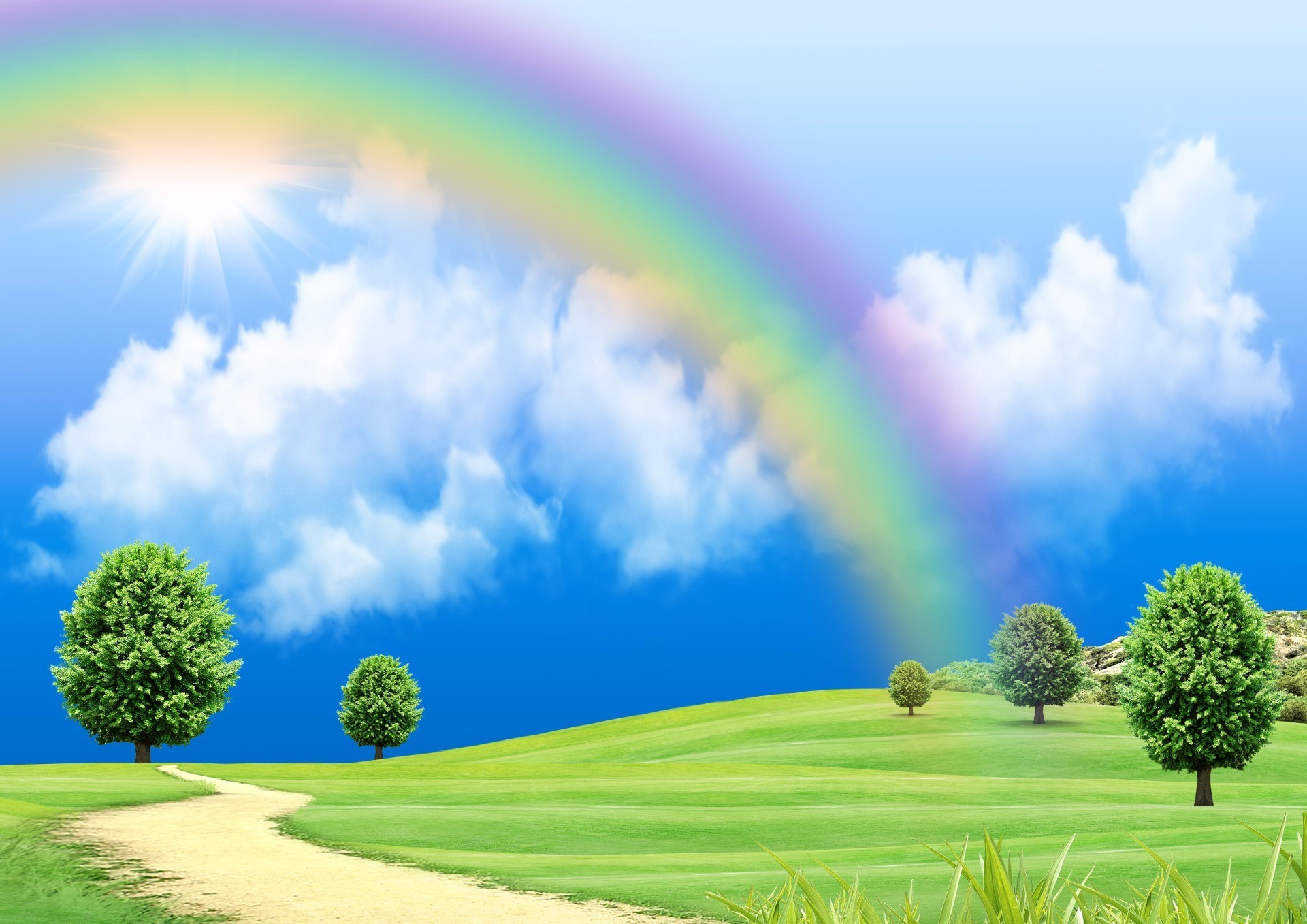 rainbow grass nature sky sun summer hayfield rural fair weather field lawn environment landscape cloud countryside bright outdoors ecology lush