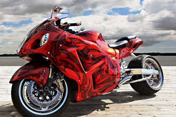 Red Motorcycle Sport River Lake Horizon Sky