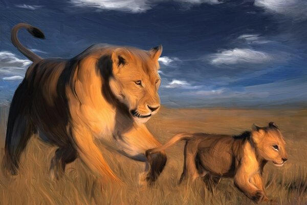 The lioness catches up with the lion cub. Drawing