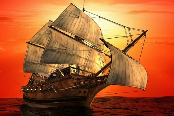 A painted sailing ship. Illustration for the adventure