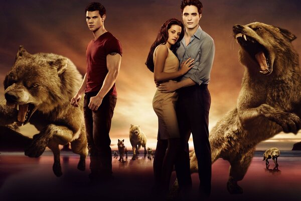 Bella Swan, Edward Cullen, Jacob Black et les loups-garous du film