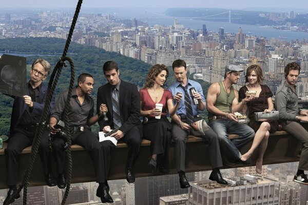 People of different professions are sitting on a beam at the height of a skyscraper