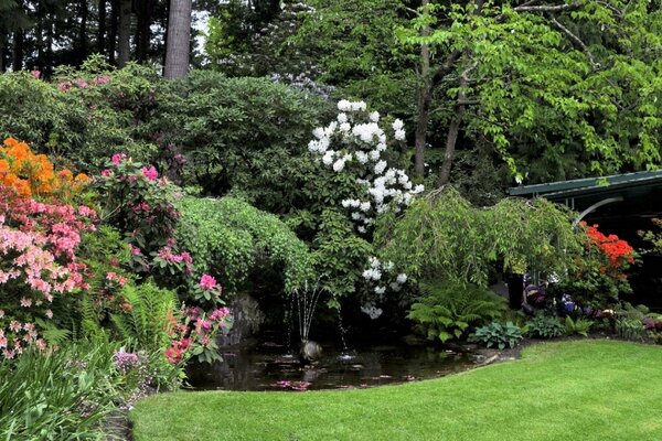 Garten mit Blumen und Bäumen