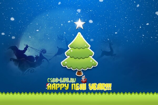 New Year s picture. Christmas tree, deer, Santa Claus