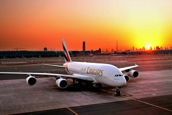 The plane is on the runway. Evening landscape