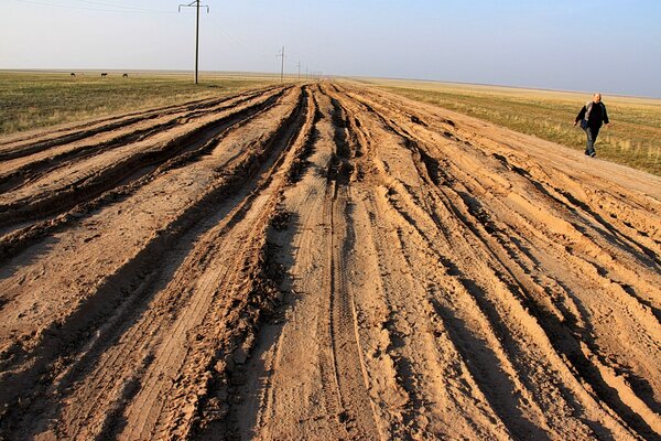 A sandy road stretching into the distance. a man is coming