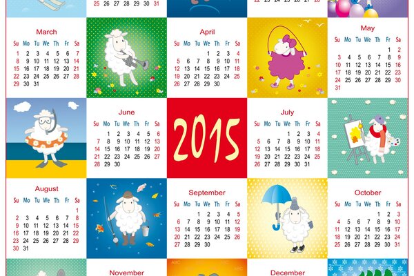 Funny calendar for 2015 with cartoon sheep