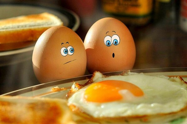 Two eggs examine the corpse of a fellow killed by humans and fried