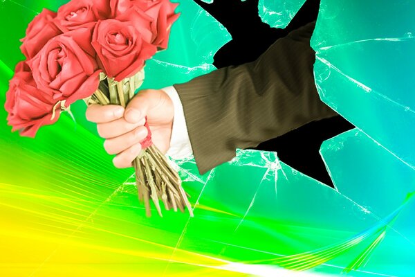 A hand with a bouquet of roses smashed the screen