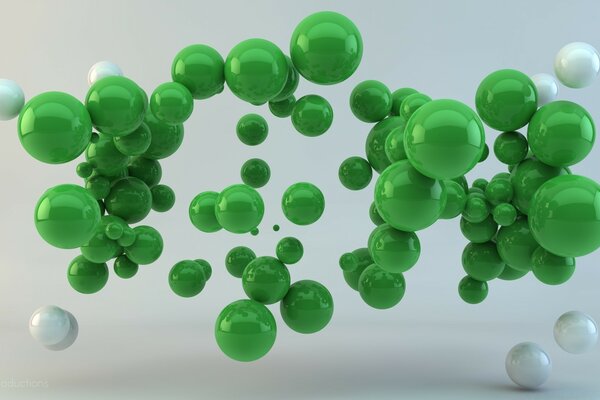 Moléculas blancas y verdes. Elementos químicos brillantes 3D