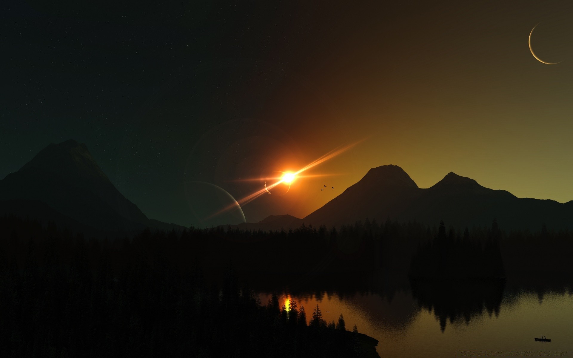 3d graphics sunset dawn landscape evening mountain reflection lake light sky water dusk silhouette backlit fog sun