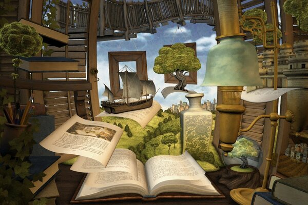 Hermoso estudio con paisaje y libro