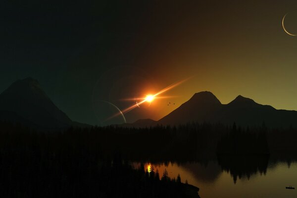 Abendlandschaft: nachtlich beleuchtete Berge und Seen