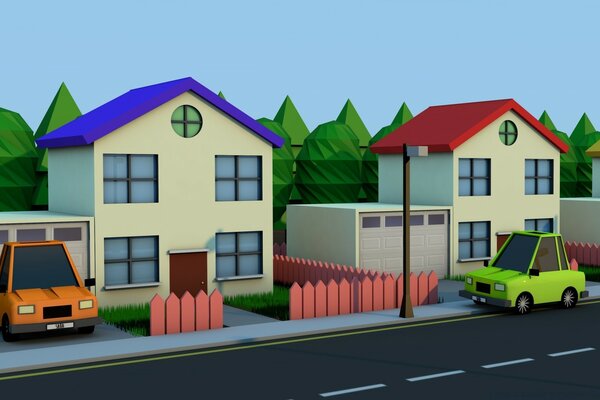一个油漆过的房子，有栅栏和汽车供家庭居住