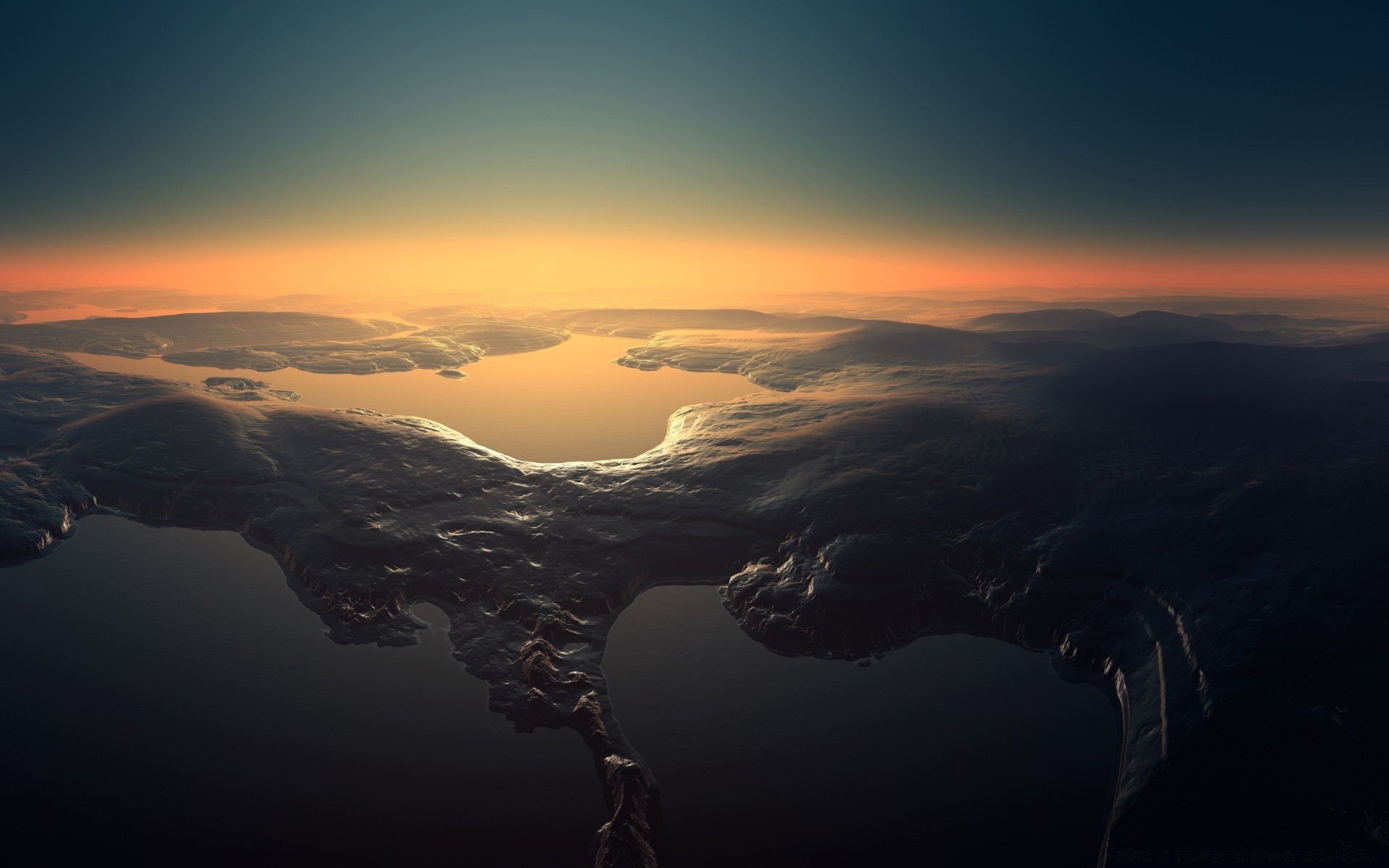 grafica 3d tramonto alba paesaggio sera montagna cielo crepuscolo viaggi luce nebbia sole acqua