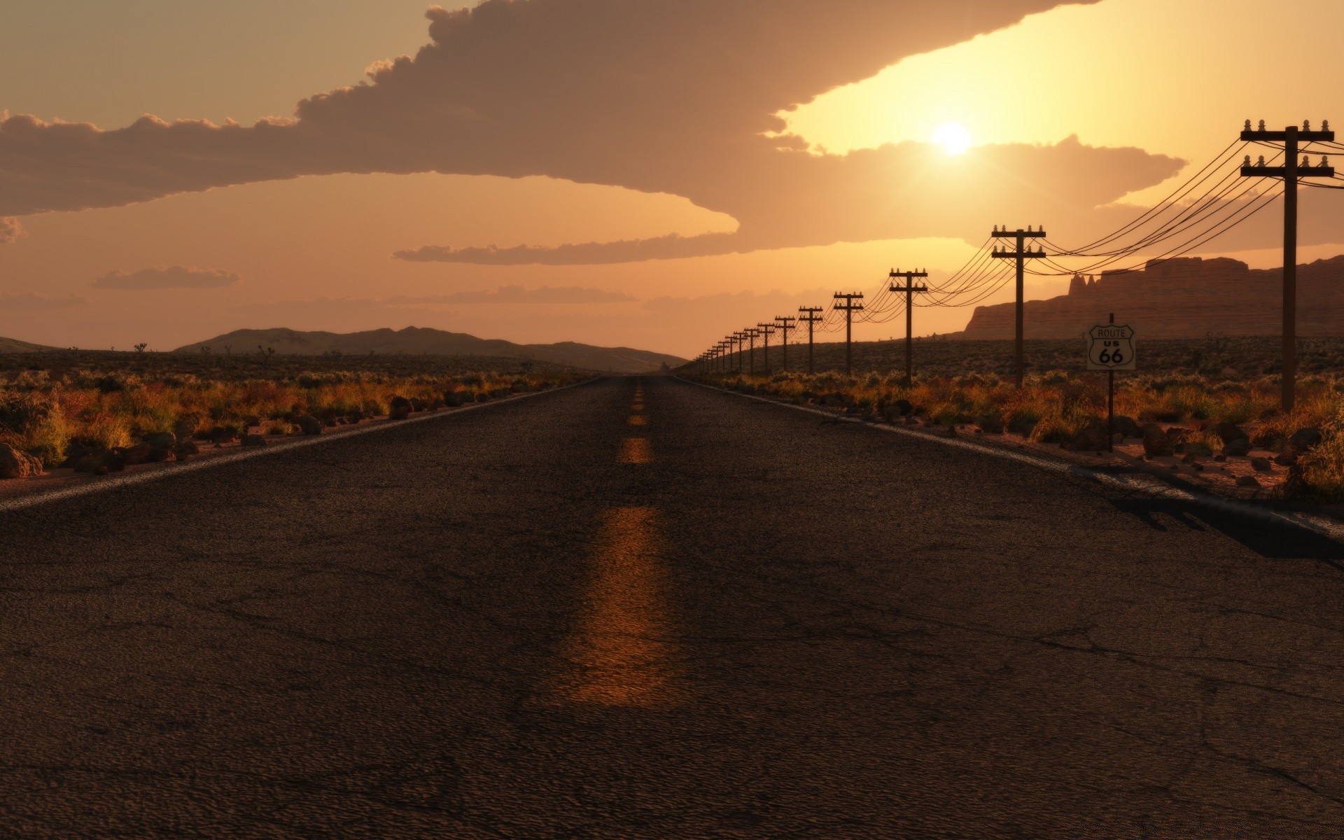 3d graphics sunset road dawn evening landscape travel dusk sky light sun transportation system highway desert beach