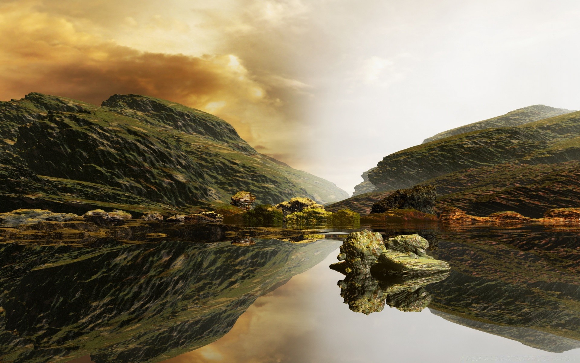 3d graphics water reflection landscape nature mountain travel lake river outdoors sunset rock dawn sea seashore sky