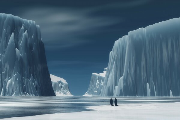 Dos pingüinos y enormes bloques de hielo que se elevan fuera del agua