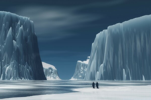 दो पेंगुइन और बर्फ के विशाल ब्लॉक पानी से बाहर बढ़ रहे हैं