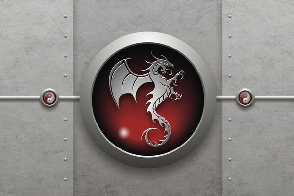 Das Symbol des Drachen wird von zwei Yin-Yang umgeben