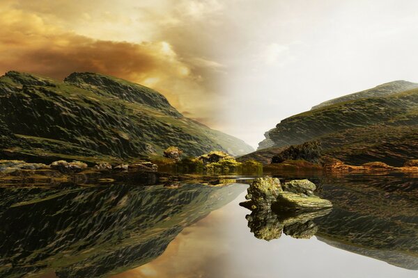 Hermoso paisaje de montaña y lago