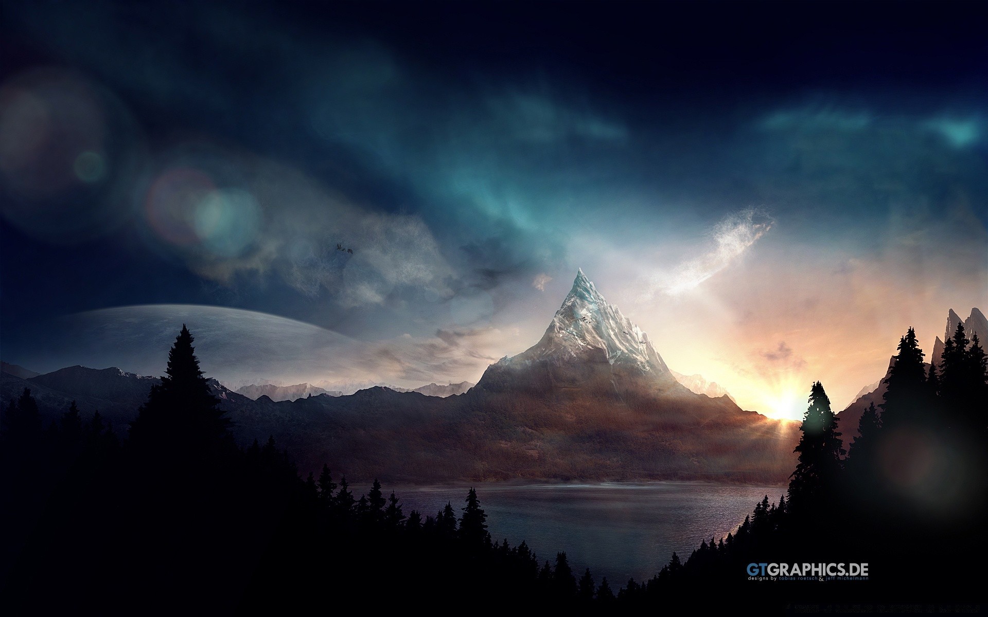 3d graphics dawn sunset sky mountain snow dusk nature evening moon travel landscape outdoors fog lake sun