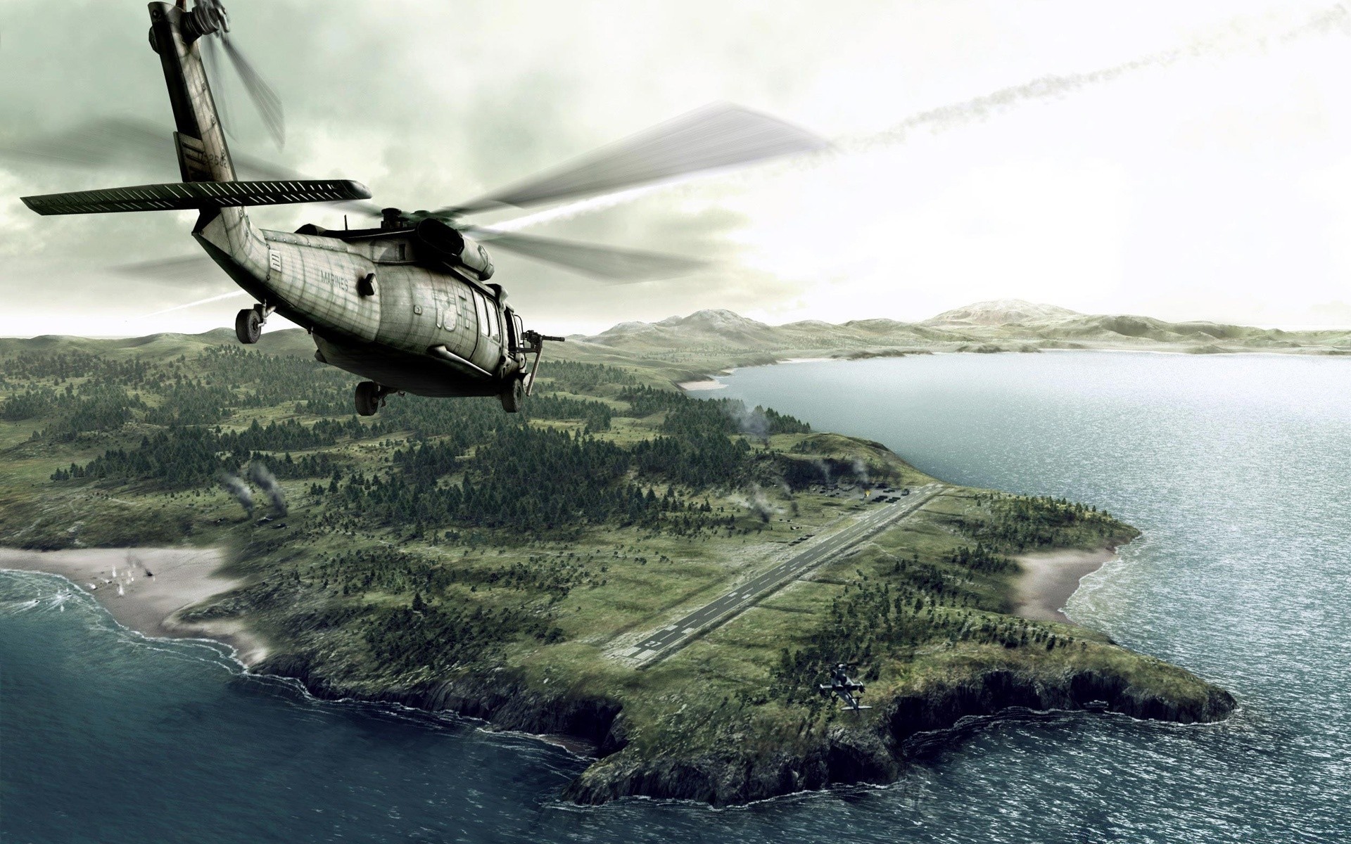 3d graphics helicopter water transportation system travel vehicle aircraft airplane sky seashore landscape sea military outdoors ocean