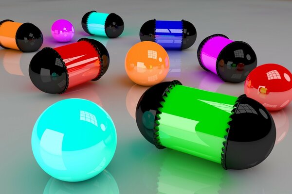 3D graphics glowing capsules and balloons