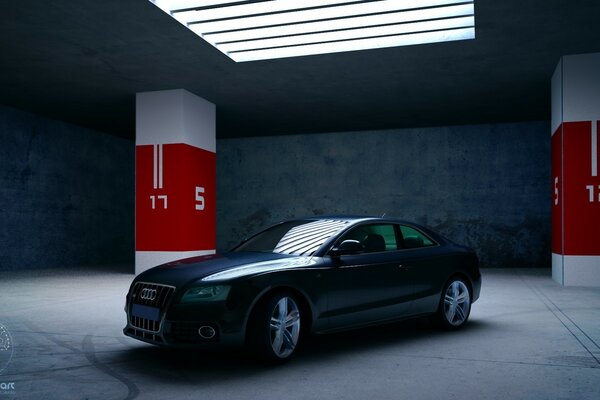 A car standing in an underground parking lot between white and red pillars with numbers