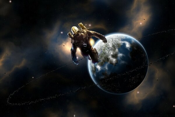 Animation of a man in space next to a planet