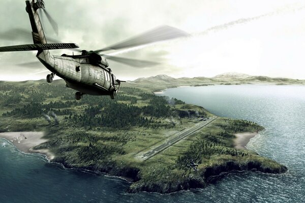 Helicopter flying to the base on the island