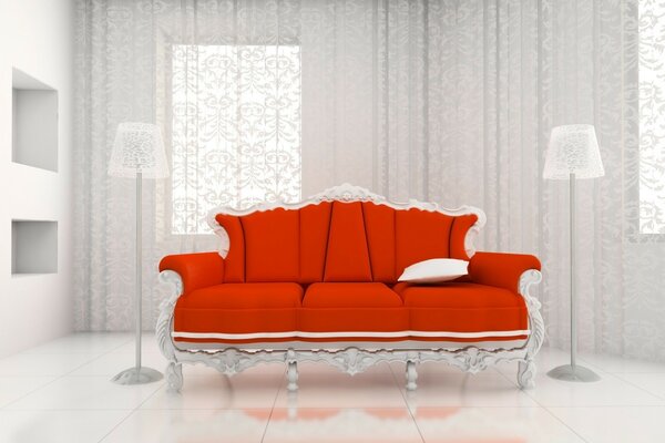 A red sofa in the apartment and two floor lamps