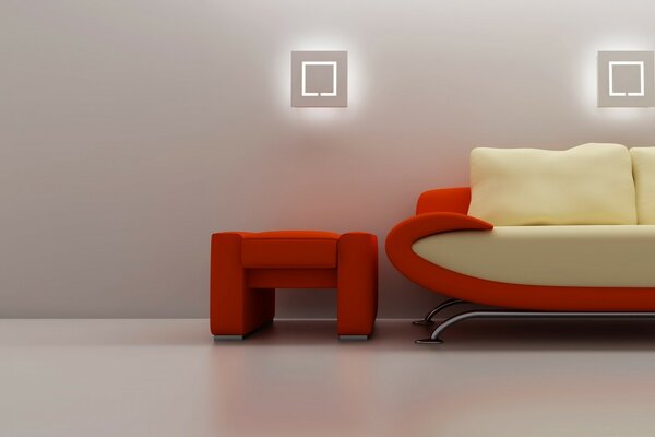 Modernes Interieur mit rotem Sofa und Ottomane