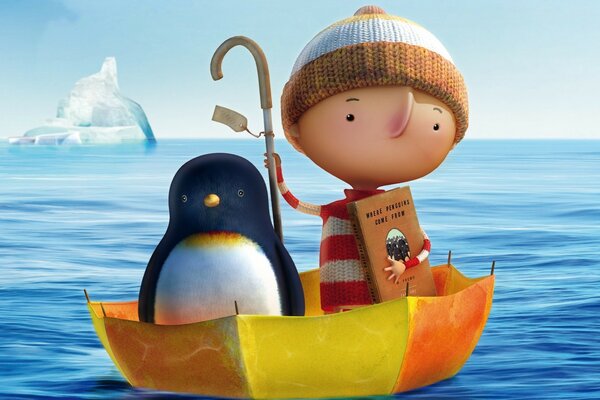 Хлопчик і пінгвін пливуть по морю в парасольці