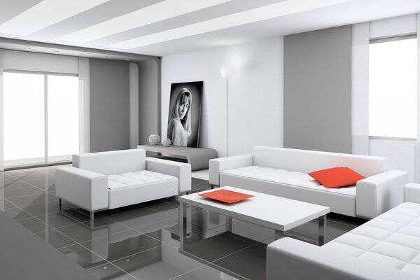 Grafica 3d, soggiorno interno in bianco in stile minimalista