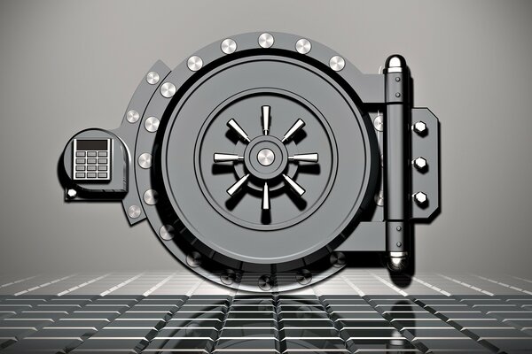 Grafica 3d, porta di sicurezza nel caveau della banca con serratura a combinazione