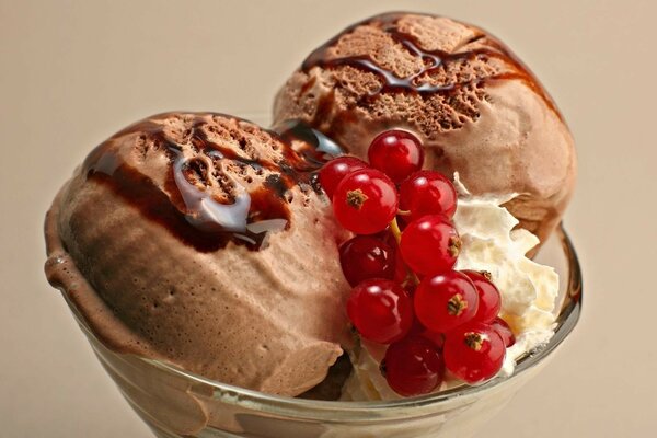 Two balls of chocolate ice cream with currants