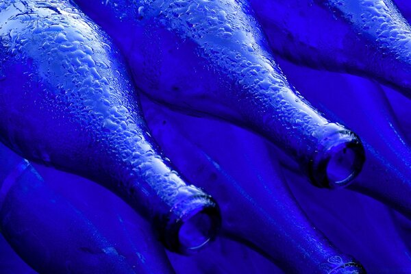 Blue bottles with water droplets