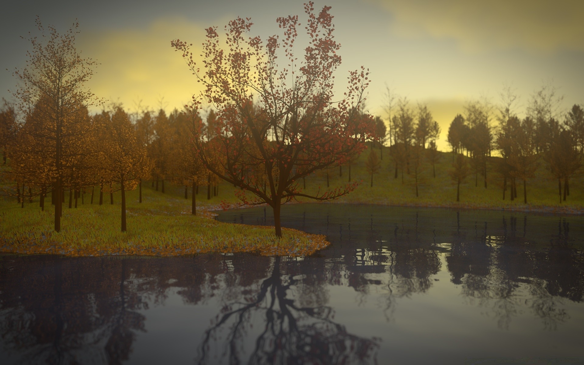 3d graphics tree landscape reflection fall dawn lake nature river water wood evening park branch light outdoors fog sunset environment season