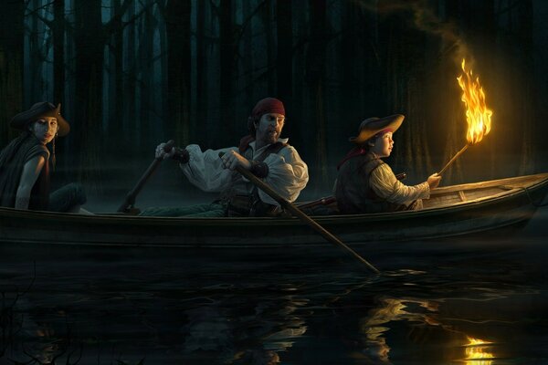 Pirates on a boat sailing on the river