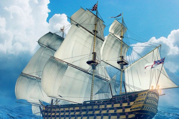 Graphic ship with white sails