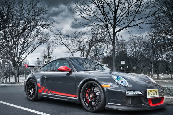 A car on the asphalt in a gloomy style