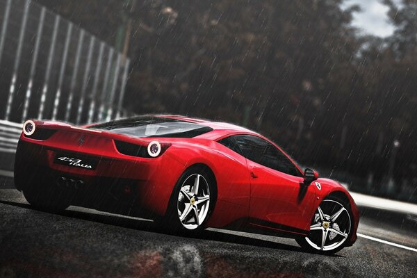 Racing car on asphalt in the rain